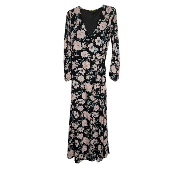 Gianni Bini Dresses & Skirts - Gianni Bini Womens Floral Print Wrap Maxi Dress Sz S Black Peach Long Sleeve 59"